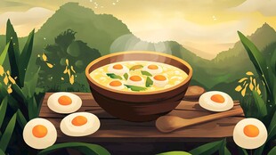 田园风鸡蛋靓汤诱人画面
