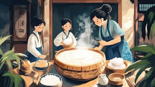 古代女子合力制作美食场景