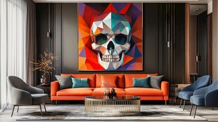 现代客厅中的几何骷髅挂画