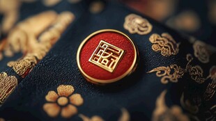 福字徽章置于中式花纹布上