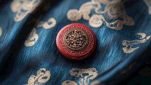 古风红印置于蓝锦之上