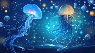 梦幻水母在蓝色海洋中游弋