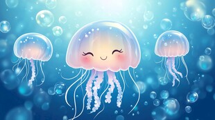 可爱水母在蓝色海洋中游动