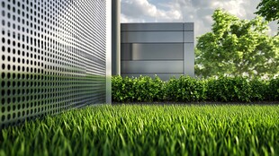 现代建筑旁的葱郁草坪