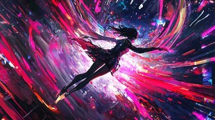 梦幻女孩在绚烂光影中飞舞