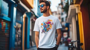 街头潮男穿个性印花T恤