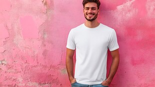 男子身着白T恤靠墙而立