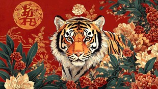 虎伴繁花 喜庆中国风画面