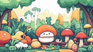 蘑菇森林中的可爱卡通景象