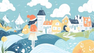 女孩漫步海边小镇美景