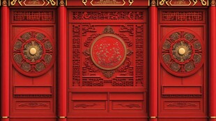 中式红漆雕花大门