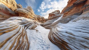 雪覆波纹岩谷的壮美景观