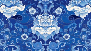 蓝色中式花卉纹案背景图