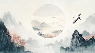 水墨山水间飞鸟伴月景