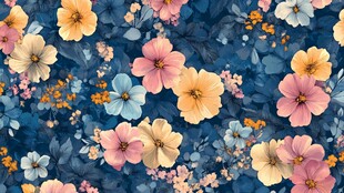 蓝色底缤纷花卉图案
