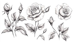 手绘黑白玫瑰花卉素材