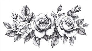 黑白玫瑰花卉线稿图案