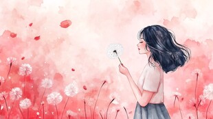 女孩在粉色花海中吹蒲公英
