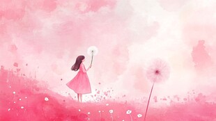 粉色梦幻中女孩与蒲公英