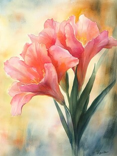 粉色唐菖蒲水彩花卉画作