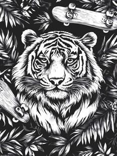 老虎与滑板的潮流插画