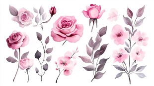粉色花卉水彩插画素材