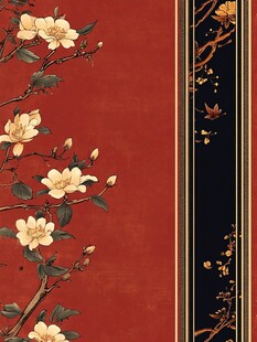 中式红底花卉飞鸟装饰画