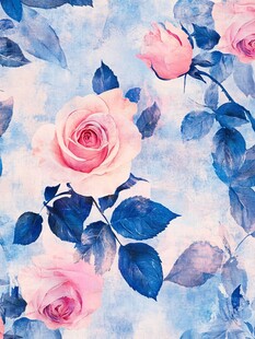水彩粉玫瑰与蓝叶图案