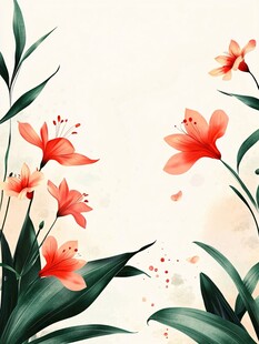 手绘橙花绿叶清新插画