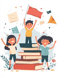 孩子们在书堆旁欢呼庆祝