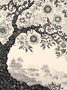 黑白繁花树与山水图景