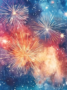 梦幻水彩烟花夜空景象