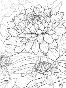 大丽花黑白线稿花卉图案