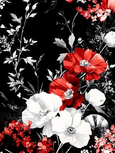 黑底红白花卉图案设计