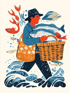 渔夫满载而归的海上场景