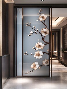 中式玄关玉兰花玻璃隔断