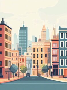 城市街道建筑风景插画