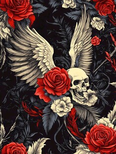 骷髅玫瑰翅膀暗黑风图案