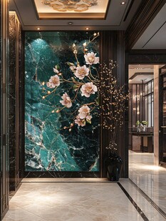 中式玄关大理石花卉壁画