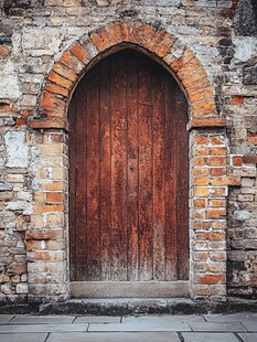 古老石墙中的木质拱形门