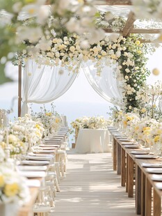 海边浪漫白色花卉婚礼布置