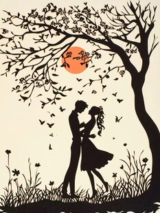 月下情侣浪漫相拥剪影