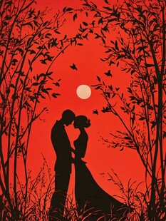 夕阳下的浪漫情侣剪影