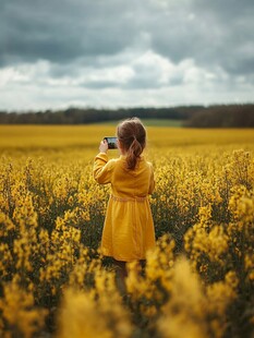 女孩在花海中专注拍照
