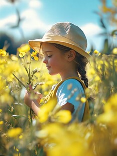 田野中赏黄花的可爱女孩