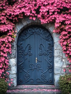 梦幻粉叶环绕的古典铁门