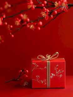 红梅下的精美红色礼品盒