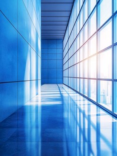 现代蓝色玻璃走廊空间