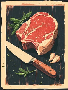 新鲜牛排与刀具香草搭配