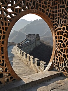 透过窗棂看雄伟万里长城